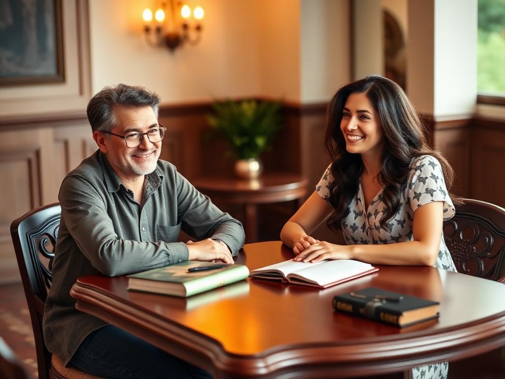 Happy expat student in private Spanish lesson with instructor